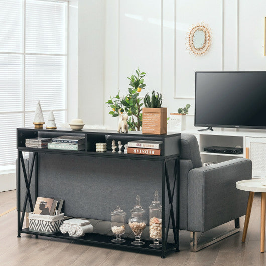 Console Table with Open Shelf and Storage Compartments Steel Frame-Black