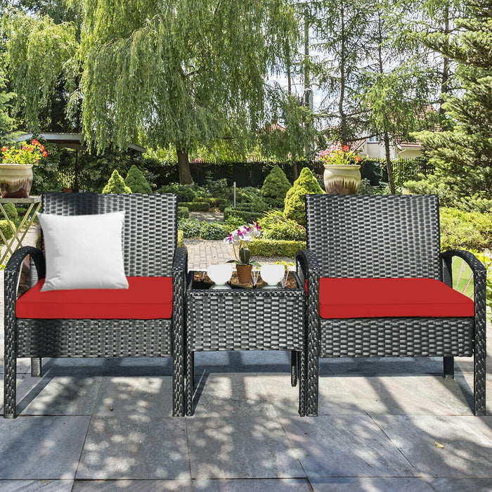 3 Pieces Outdoor Rattan Patio Conversation Set with Seat Cushions-Red