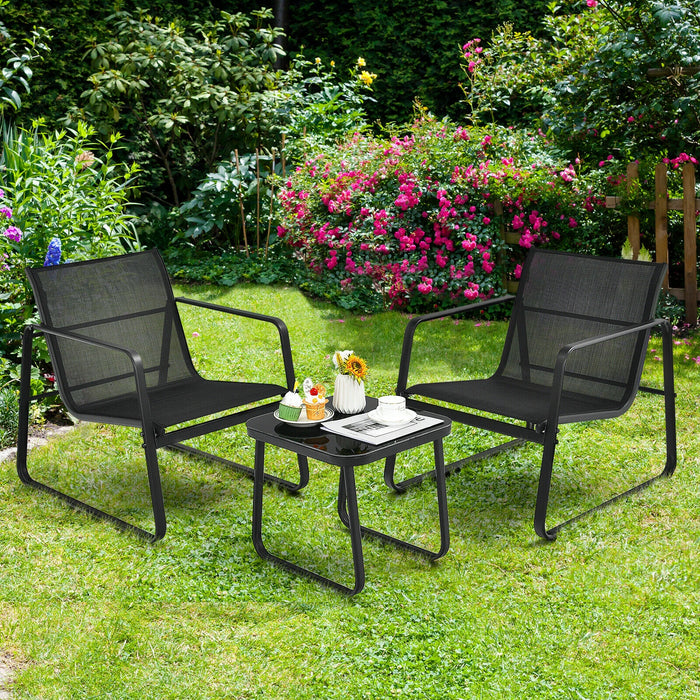 3 Pieces Patio Bistro Furniture Set with Glass Top Table Garden Deck-Black