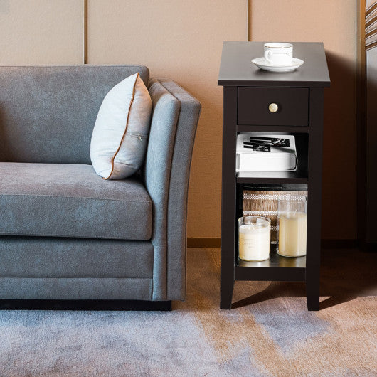 3-Tier End Table with Drawer slideway and Double Shelves-Brown