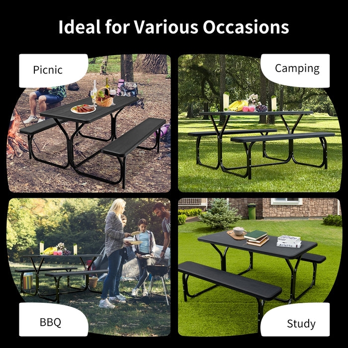 HDPE Outdoor Picnic Table Bench Set with Metal Base-Black