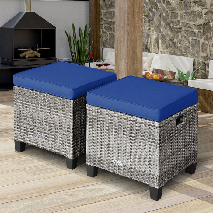 2 Pieces Patio Rattan Ottoman Seat with Removable Cushions-Navy