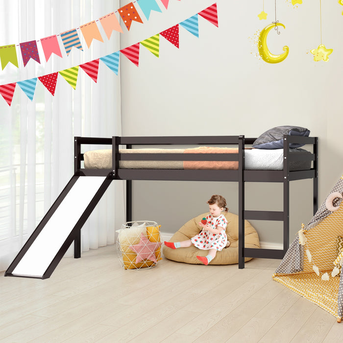 Twin Size Low Sturdy Loft Bed with Slide Wood-Dark Brown