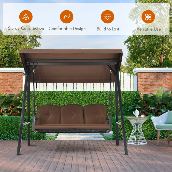 Outdoor 3-Seat Porch Swing with Adjust Canopy and Cushions-Coffee