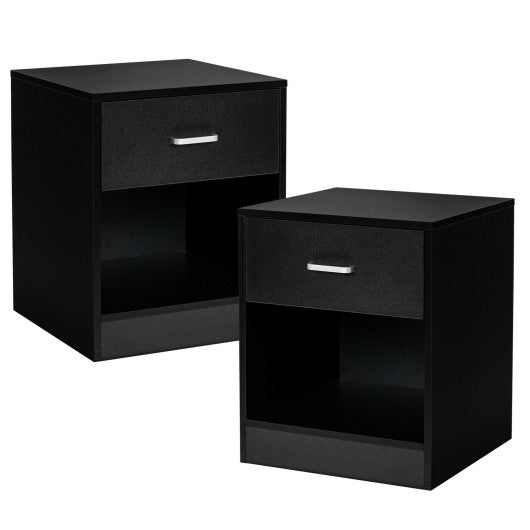 2 Pieces Nightstand with Storage Drawer and Cabinet-Black