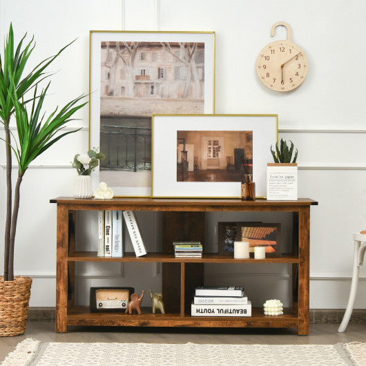 3 Tier Wood TV Stand for 55-Inch with Open Shelves and X-Shaped Frame-Brown