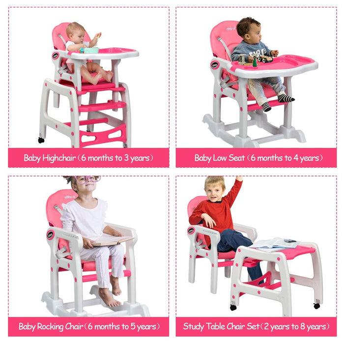 3-in-1 Baby High Chair with Lockable Universal Wheels-Pink