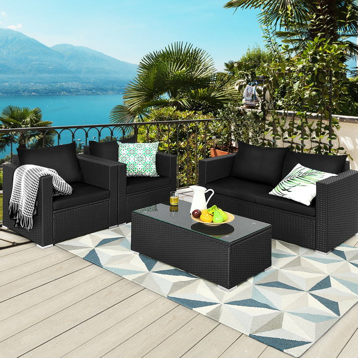 4 Pieces Patio Rattan Conversation Set with Cushions and Coffee Table-Black