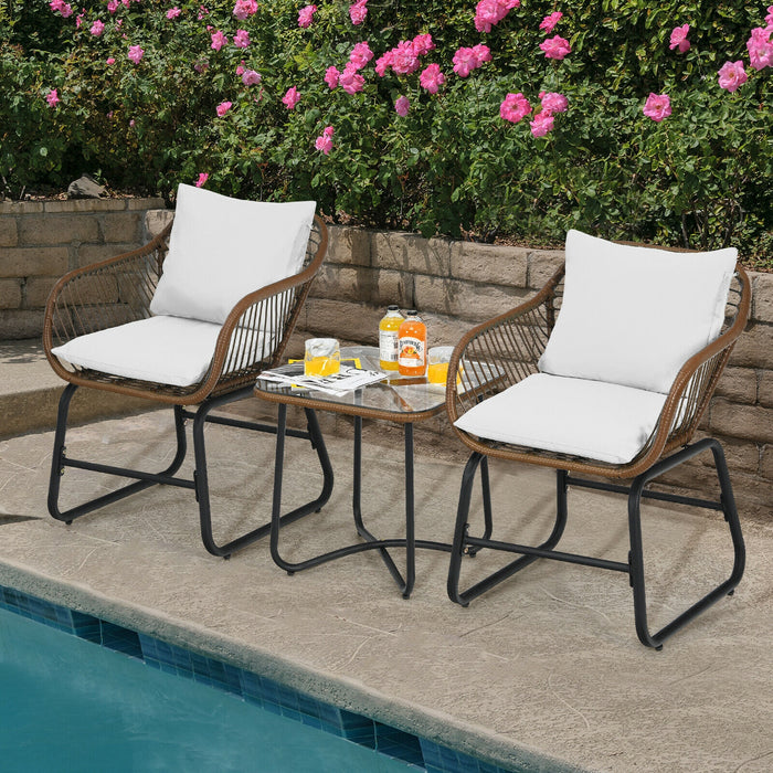 3 Pieces Patio Rattan Bistro Set Cushioned Chair Glass Table Deck-White