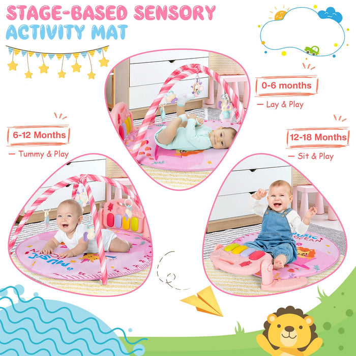 Baby Activity Play Piano Gym Mat with 5 Hanging Sensory Toys-Pink