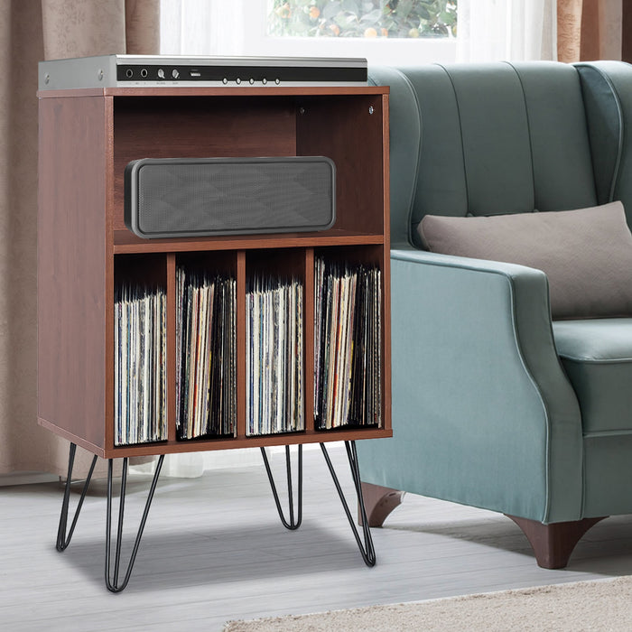 Freestanding Record Player Stand Storage Cabinet with Metal Legs-Coffee