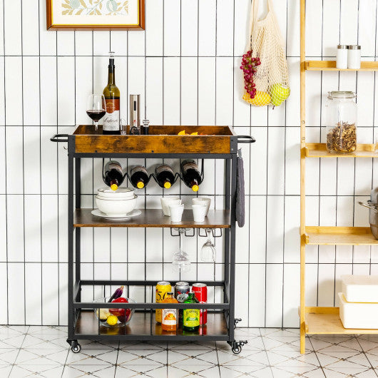 3-Tier Rolling Kitchen Bar Cart with Wine Rack-Rustic Brown