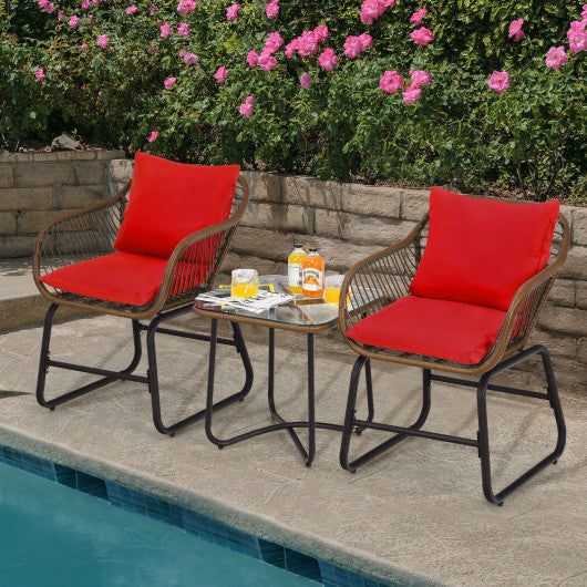 3 Pieces Patio Rattan Bistro Set Cushioned Chair Glass Table Deck-Red