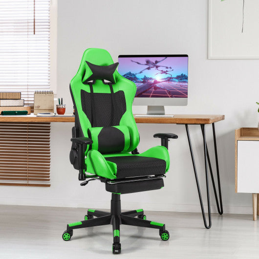 PU Leather Gaming Chair with USB Massage Lumbar Pillow and Footrest -Green