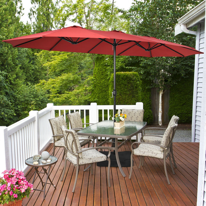 15 Feet Double-Sided Twin Patio Umbrella with Crank and Base-Red