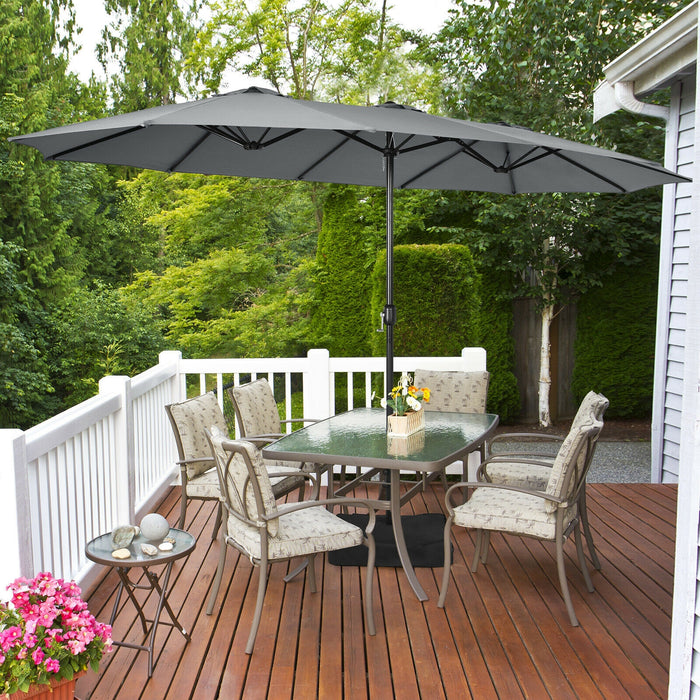 15 Feet Double-Sided Twin Patio Umbrella with Crank and Base-Gray