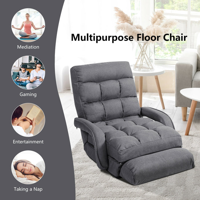 Folding Lazy Floor Chair Sofa with Armrests and Pillow-Gray