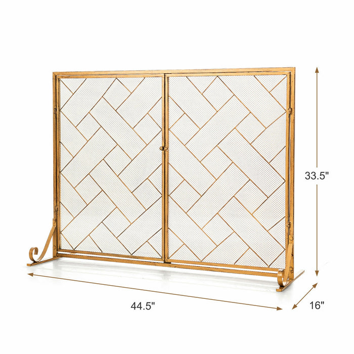 3-Panel Folding Wrought Iron Fireplace Screen with Doors and 4 Pieces Tools Set-Golden