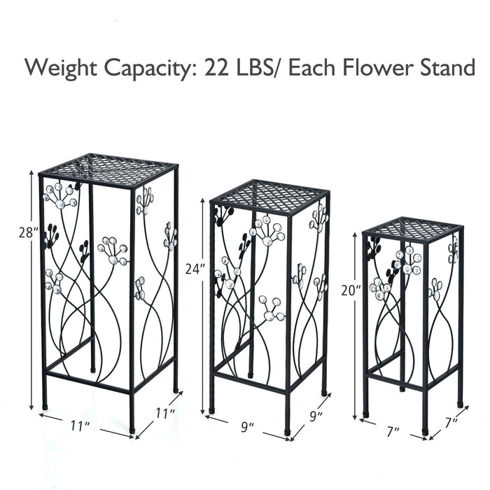 3 Pieces Flower Pots Display Rack with Vines and Crystal Floral Accents Square-Black