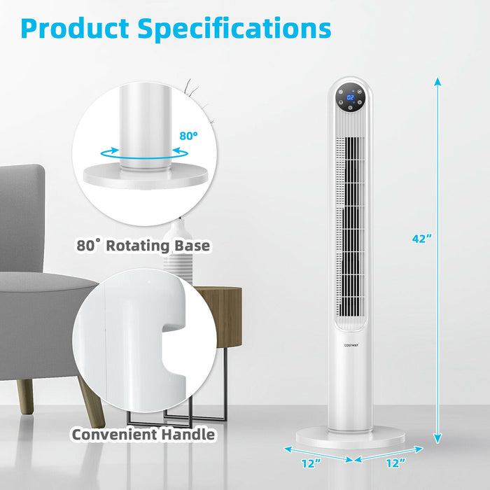 42 Inch 80 Degree Tower Fan with Smart Display Panel and Remote Control-White