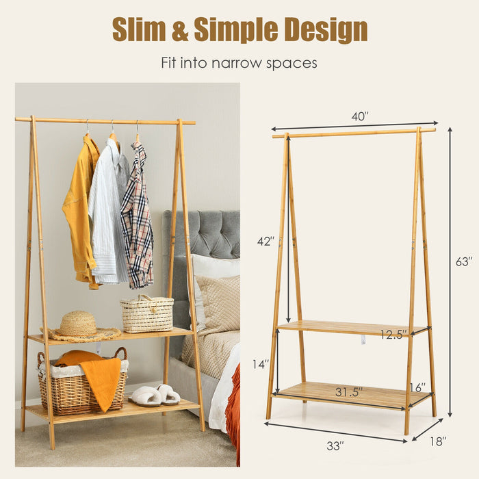 Bamboo Clothes Hanging Rack with 2-Tier Storage Shelf for Entryway Bedroom-Natural