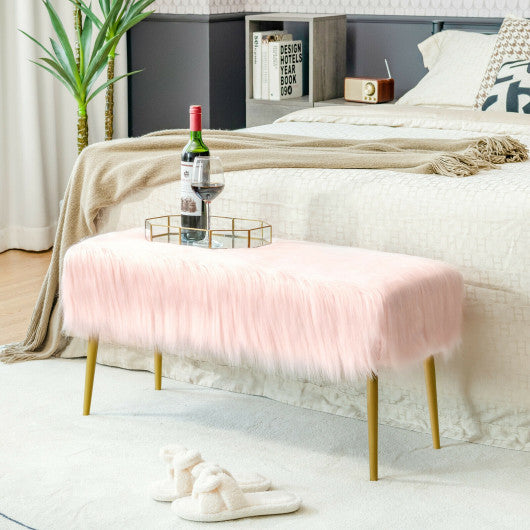 Upholstered Faux Fur Vanity Stool with Golden Legs for Makeup Room-Pink