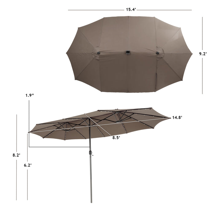 15 Feet Twin Patio Umbrella with 48 Solar LED Lights-Light Brown