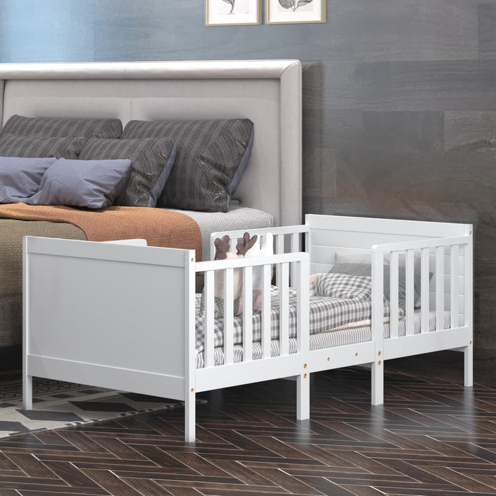 2-in-1 Convertible Kids Wooden Bedroom Furniture with Guardrails-White