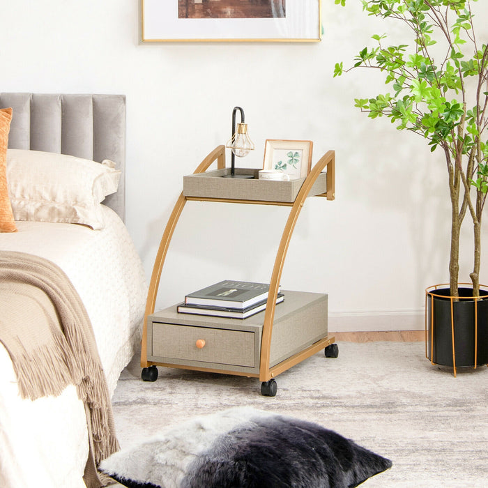 Modern 2-Tier Rolling End Table with Tray Top and Pull-Out Drawer-Gray