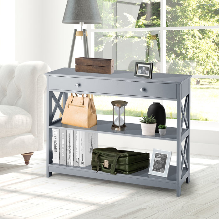 Console Table 3-Tier with Drawer and Storage Shelves-Gray