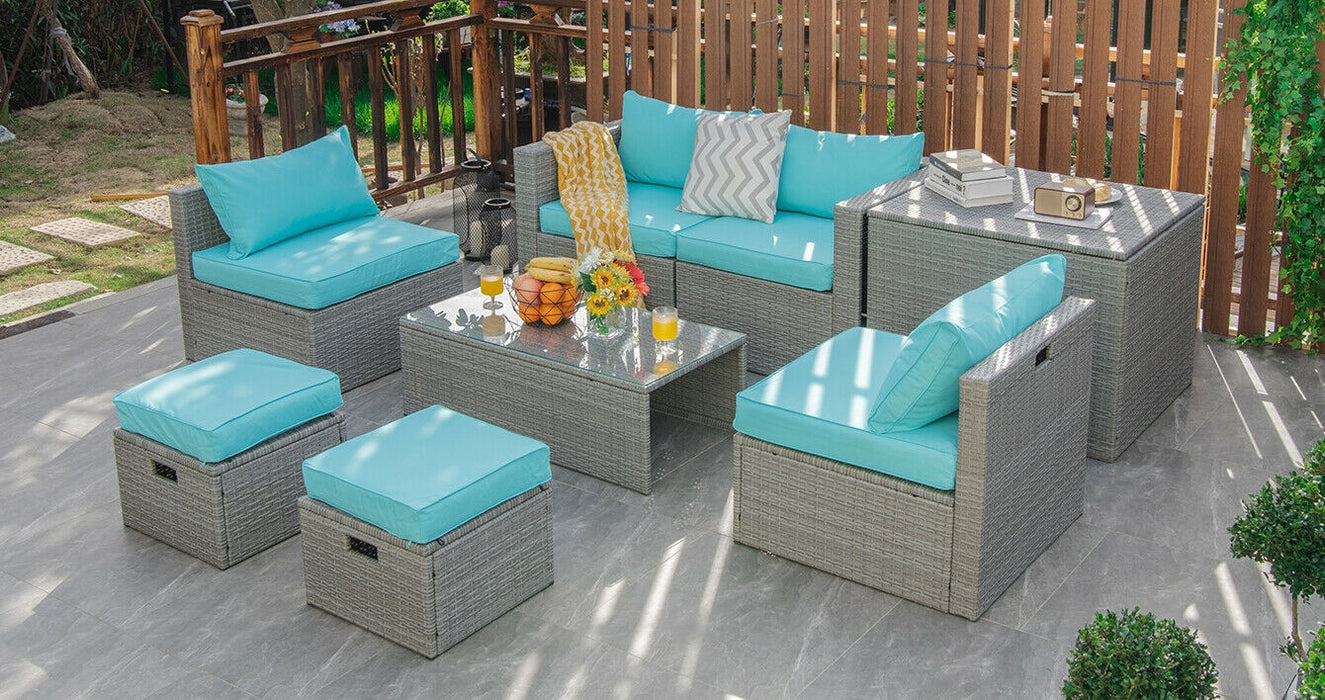 8 Pieces Patio Rattan Furniture Set with Storage Waterproof Cover and Cushion-Turquoise