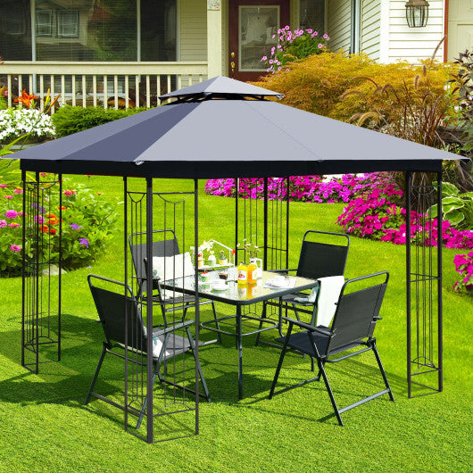 10 x 10 Feet L-Shaped Patio Canopy Gazebo Outdoor 2-Tier Steel Tent-Gray