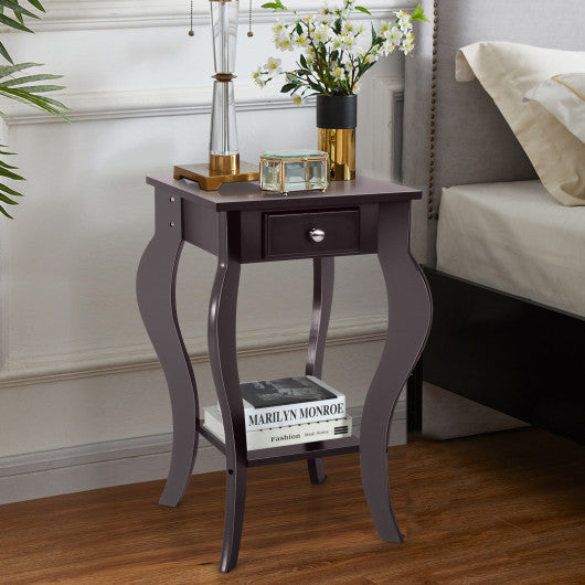 2-Tier End Table with Drawer and Shelf for Living Room Bedroom-Brown