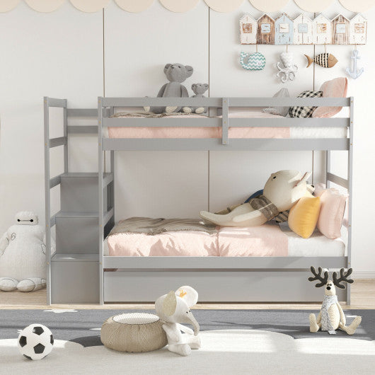 Twin Over Twin Bunk Bed with Storage Shelf and Drawer-Light Gray