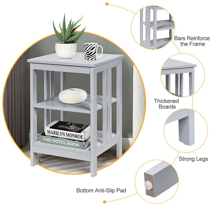 2 Pieces 3-Tier Nightstand with Reinforced Bars and Stable Structure-Gray