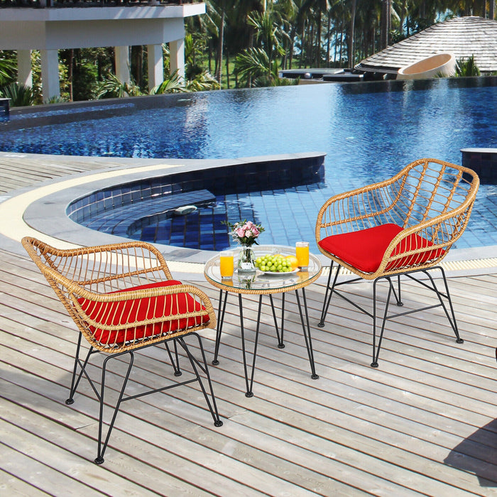 3 Pieces Rattan Furniture Set with Cushioned Chair Table-Red