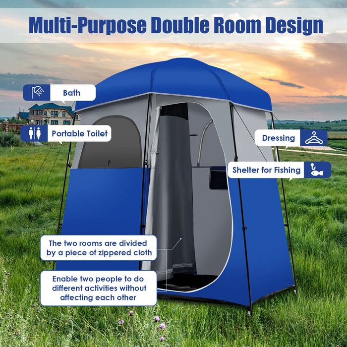 Double-Room Camping Toilet Tent with Floor and Portable Storage Bag-Blue