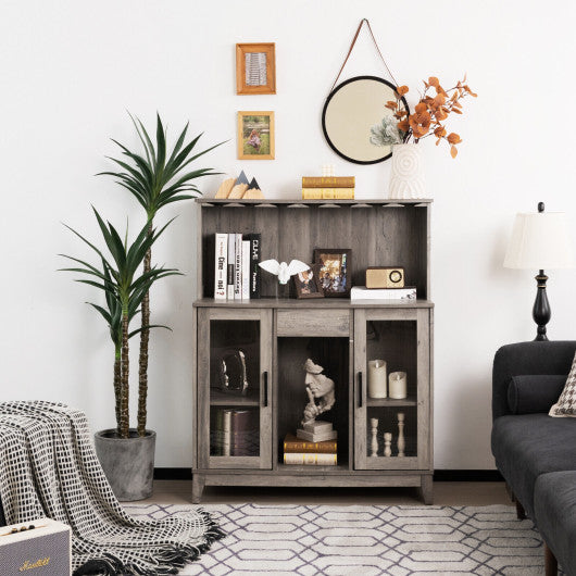 Storage Bar Cabinet with Framed Tempered Glass Door-Gray