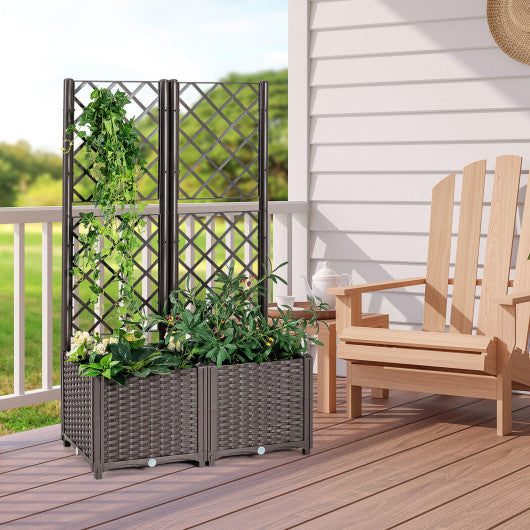 PE Rattan Raised Garden Bed with Trellis Planter Box for Climbing Plants-Brown