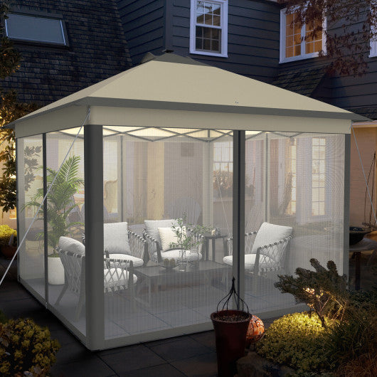 11 x 11 Feet Portable Outdoor Patio Folding Gazebo with Led Lights -Coffee