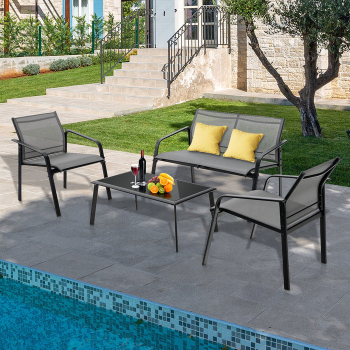 4 Pieces Patio Furniture Set with Armrest Loveseat Sofas and Glass Table Deck-Gray