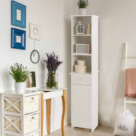 Bathroom Tall Freestanding Storage Cabinet with Open Shelves and Drawer-White