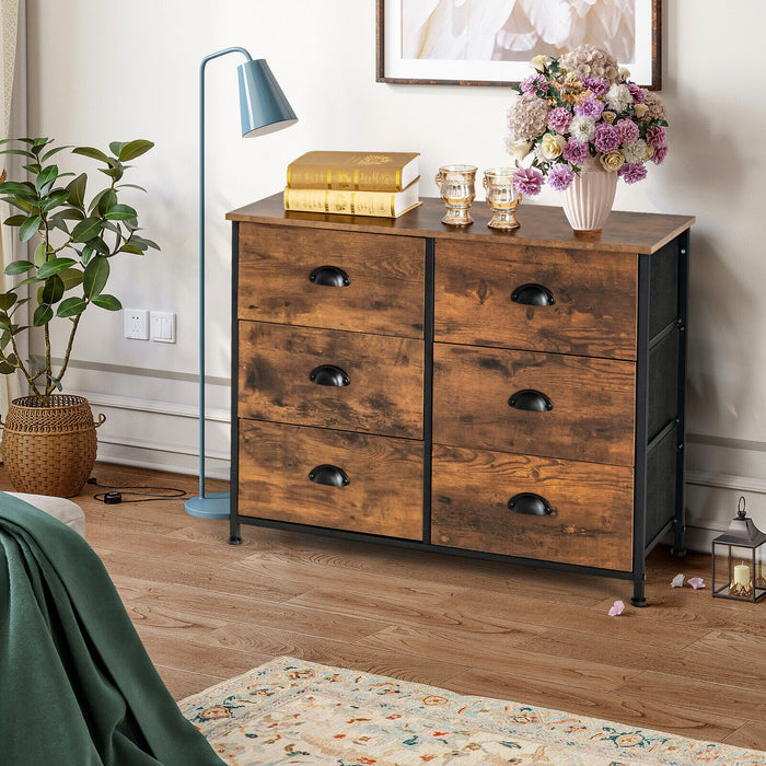 6 Fabric Drawer Storage Chest with Wooden Top-Rustic Brown