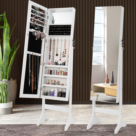 Adjustable Standing Jewelry Cabinet with Full Length Mirror-White