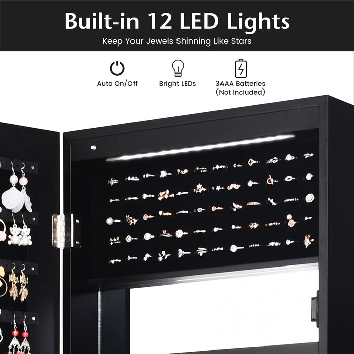 Lockable Wall Door Mounted Mirror Jewelry Cabinet w/LED Lights-Black