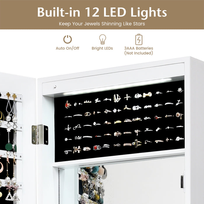 Lockable Wall Door Mounted Mirror Jewelry Cabinet w/LED Lights-White