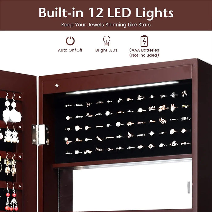 Lockable Wall Door Mounted Mirror Jewelry Cabinet w/LED Lights-Brown