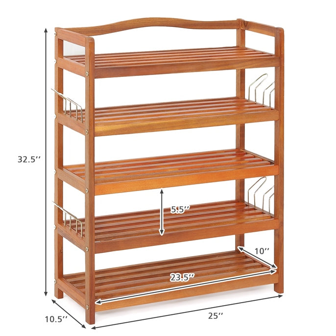 5-Tier Acacia Wood Shoe Rack with Side Metal Hooks