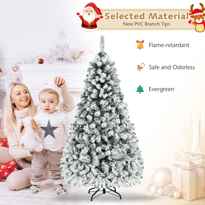 Pre-Lit Premium Snow Flocked Hinged Artificial Christmas Tree-6 ft