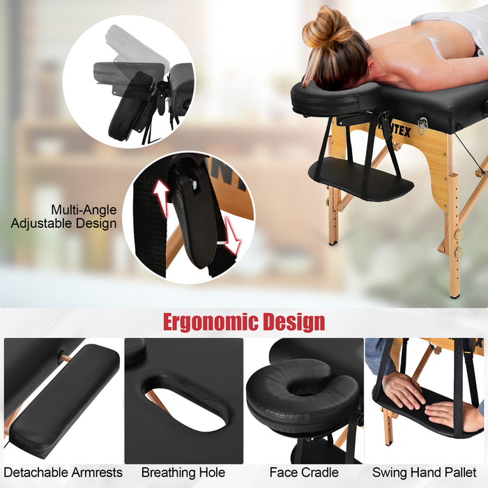 3 Fold Portable Adjustable Massage Table with Carry Case-Black